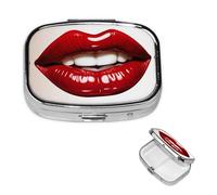 Pilulier carré pour sac à main ou poche - 2 compartiments - Petit pilulier portable - Joli graphique - Lèvres rouges - Pilulier de voyage pour médicaments, vitamines, foie de morue, huile de foie