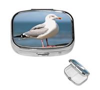 Pilulier carré pour sac à main ou poche - 2 compartiments - Petit pilulier portable - Mignon mouette - Pilulier de voyage - Boîte de rangement pour médicaments, vitamines, foie de morue, huile de foie