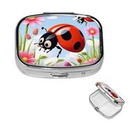 Pilulier carré pour sac à main ou poche - 2 compartiments - Petit pilulier portable - Motif coccinelle - Fleur de dessin animé - Pilulier de voyage pour médicaments, vitamines, foie de morue, huile de