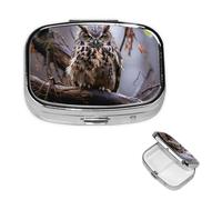 Pilulier carré pour sac à main ou poche - 2 compartiments - Petit pilulier portable - Motif hibou sur une branche - Pilulier de voyage pour médicaments, vitamines, foie de morue, huile de foie