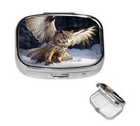 Pilulier carré pour sac à main ou poche - 2 compartiments - Petit pilulier portable - Motif hibou volant - Pilulier de voyage pour médicaments, vitamines, foie de morue, huile de foie