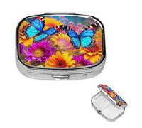 Pilulier carré pour sac à main ou poche - 2 compartiments - Petit pilulier portable - Papillon coloré - Fleur - Pilulier de voyage - Boîte de rangement pour médicaments, vitamines, morue, huile de