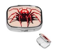 Pilulier carré pour sac à main ou poche - 2 compartiments - Petit pilulier portable - Petit pilulier mignon - Petite araignée rouge - Boîte de rangement pour médicaments de voyage, vitamines, foie de