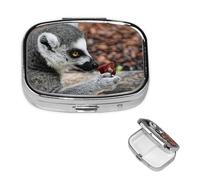 Pilulier carré pour sac à main ou poche - 2 compartiments - Petit pilulier portable - Petit pilulier portable - Singe lémurien - Pilulier de voyage pour médicaments, vitamines, foie de morue, huile de