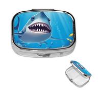 Pilulier carré pour sac à main ou poche - 2 compartiments - Petit pilulier portable - Requin souriant - Pilulier de voyage pour médicaments, vitamines, foie de morue, huile de foie