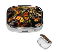 Pilulier carré pour sac à main ou poche - 2 compartiments - Petit pilulier portable - Tas de papillons monarques oranges - Pilulier de voyage pour médicaments, vitamines, morue, huile de foie