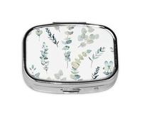 Pilulier carré rond à 2 compartiments avec feuilles d'eucalyptus - 2 compartiments - Pilulier de voyage pour poche, sac à main - Boîte de rangement portable pour médicaments, foie de morue, huile de
