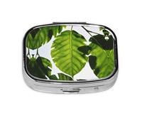 Pilulier carré rond à motif feuilles vertes - 2 compartiments - Pilulier de voyage pour poche, sac à main, boîte de rangement portable pour médicaments, foie de morue, huile de foie - Organiseur de
