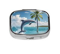 Pilulier carré rond avec dauphins et palmiers - 2 compartiments - Pour sac à main - Portable - Pour médicaments, foie de morue, huile - 2 fois par jour