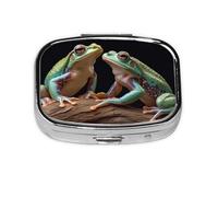Pilulier carré rond avec deux grenouilles - 2 compartiments - Pilulier de voyage pour poche, sac à main, boîte de rangement portable pour médicaments, foie de morue, huile de foie de morue, pilulier 2