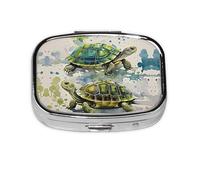 Pilulier carré rond avec deux tortues aquarelles - 2 compartiments - Pour sac à main - Portable - Pour médicaments, foie de morue, huile - 2 fois par jour