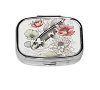 Pilulier carré rond avec feuilles de lotus et fleurs - 2 compartiments - Pilulier de voyage pour poche, sac à main - Boîte de rangement portable pour médicaments, foie de morue, huile de foie - 2 fois