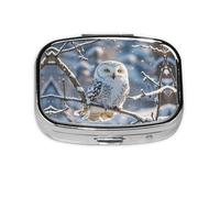 Pilulier carré rond d'hiver blanc hibou boîte à pilules quotidienne 2 compartiments pour poche sac à main portable médicaments, foie de morue huile, pilulier 2 fois par jour