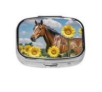 Pilulier carré rond en forme de cheval et de tournesol - 2 compartiments - Pour sac à main - Portable - Pour médicaments, foie de morue, huile - 2 fois par jour