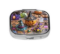 Pilulier carré rond en forme de citrouille d'Halloween à 2 compartiments pour poche, sac à main, boîte de rangement portable pour médicaments, foie de morue, huile, pilulier 2 fois par jour