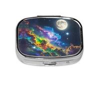 Pilulier carré rond en forme de nébuleuse et de lune, 2 compartiments pour poche, sac à main, boîte de rangement portable pour médicaments, foie de morue, huile, pilulier 2 fois par jour