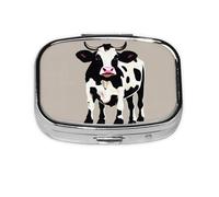 Pilulier carré rond en forme de vache à pois noirs 2 compartiments pour poche sac à main portable pour médicaments, foie de morue, huile de foie de morue, pilulier 2 fois par jour