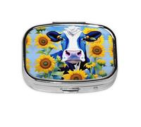Pilulier carré rond en forme de vache avec tournesols dans une boîte à pilules bleue à 2 compartiments pour sac à main portable pour médicaments, foie de morue, huile de foie de morue, pilulier 2 fois