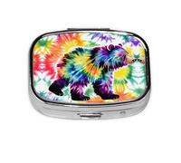 Pilulier carré rond en forme d'ours dansant Tie Dye - 2 compartiments - Pilulier de voyage pour poche, sac à main, boîte de rangement portable pour médicaments, foie de morue, huile de foie de morue