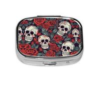 Pilulier carré rond en sucre crânes et roses rouges Boîte à pilules quotidienne 2 compartiments pour poche sac à main portable Boîte de rangement pour médicaments, foie de morue, huile de foie 2 fois