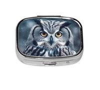 Pilulier carré rond gris et blanc en forme de hibou - 2 compartiments - Pour poche - Sac à main - Portable - Pour médicaments, foie de morue - Pour huile de foie de morue - 2 fois par jour