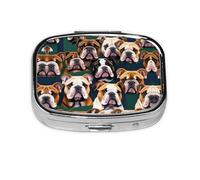 Pilulier carré rond mignon bouledogue anglais 2 compartiments pour poche, sac à main, boîte de rangement portable pour médicaments, foie de morue, huile, pilulier 2 fois par jour