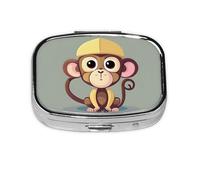 Pilulier carré rond mignon singe 2 compartiments pour poche sac à main portable médicaments, foie de morue, huile de foie de morue, pilulier 2 fois par jour