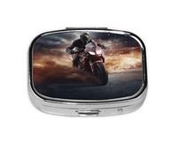 Pilulier carré rond pour homme Ride A Motorcycle - 2 compartiments - Pour poche - Portable - Pour médicaments, foie de morue - Pilulier de voyage 2 fois par jour
