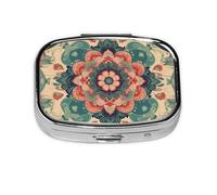 Pilulier carré vintage à 2 compartiments en métal avec imprimé fleurs mandala, petit pilulier de voyage portable pour poche, sac à main, mini pilulier pour contenir des vitamines quotidiennes
