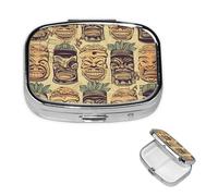 Pilulier carré vintage Aloha Tiki à 2 compartiments pour sac à main, joli pilulier en métal, petit pilulier de voyage pour contenir des vitamines, des suppléments d'huile de poisson