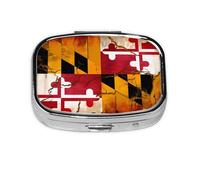 Pilulier carré vintage en bois avec drapeau du Maryland, léger et portable, avec 2 inserts en plastique, convient pour le transport dans les poches ou les portefeuilles.