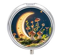Pilulier champignon lune et étoiles 3 compartiments pour sac à main ou poche Mini pilulier en métal, récipient à médicaments quotidien rond pour contenir des vitamines, de l'huile de poisson