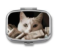Pilulier chat blanc et pile de dollars avec 2 compartiments - Organiseur de médicaments portable en métal pour sac à main et voyage - Pilulier compact et suppléments d'huile de poisson et vitamines