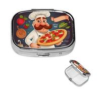 Pilulier Chef Pizza à 2 compartiments, petite boîte à pilules pour sac à main et poche, pilulier en métal avec miroir, pilulier quotidien de voyage, support portable pour médicaments et vitamines,