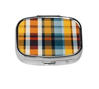 Pilulier classique à 2 compartiments avec miroir Motif quadrillage Orange Bleu Petit pilulier pour sac à main ou poche Organiseur de vitamines