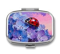 Pilulier coccinelle sur hortensia avec miroir, 2 compartiments, étanche, pour sac à main ou poche, antidérapant, organisateur de voyage pour compléments alimentaires (vitamines, huile de poisson, etc