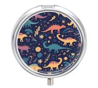 Pilulier coloré à 3 compartiments - Dinosaures et étoiles - Petit pilulier quotidien - Boîte à pilules de voyage ronde en métal pour sac à main