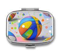Pilulier coloré en forme de basket-ball carré à 2 compartiments pour poche, sac à main, portable, médicaments, comprimés et vitamines, mini étui décoratif