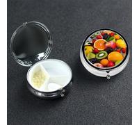 Pilulier coloré en forme de fruits avec miroir - 3 compartiments décoratifs pour sac à main ou poche - Petit pilulier rond en métal - Pour médicaments et vitamines - Cadeau de voyage