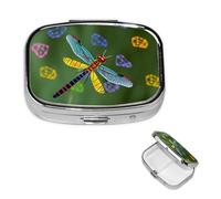 Pilulier coloré en forme de libellule à 2 compartiments carré portable pour poche ou sac à main, pilulier hebdomadaire, organiseur décoratif en métal pour médicaments, vitamines, cadeau de voyage