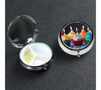 Pilulier coloré Happy Birthday Cupcakes à 3 compartiments rond portable pour poche ou sac à main, pilulier hebdomadaire, organiseur décoratif en métal pour médicaments, vitamines, cadeau de voyage