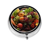 Pilulier coloré imprimé légumes et fruits 3 compartiments rond en métal étanche portable pour poche ou sac à main vitamine/huile de poisson/pilules/compléments