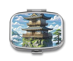 Pilulier d'architecture japonaise à 2 compartiments pour sac à main ou poche Mini pilulier en métal pour médicaments quotidiens pour contenir des vitamines, de l'huile de poisson
