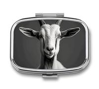 Pilulier de chèvre noir et blanc à 2 compartiments, pilulier portable avec miroir pour sac à main, voyage, mini organisateur de médicaments en métal pour vitamines, huile de poisson