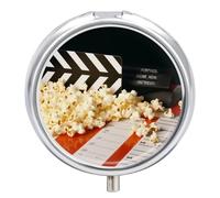 Pilulier de cinéma et popcorn - Joli pilulier rond portable pour médicaments et vitamines - Organiseur pour sac à main