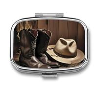Pilulier de cowboy avec chapeau noir et bottes occidentales, 2 compartiments, organiseur de pilules portable pour poche ou sac à main, organiseur décoratif en métal pour médicaments et vitamines