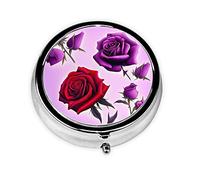 Pilulier de forme ronde, 3 compartiments, pilulier portable, distributeur de pilules et roses violettes