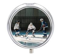 Pilulier de hockey sur glace à 3 compartiments - 3 fois par jour - Joli mini pilulier pour sac à main et poche - Boîte à médicaments portable en métal avec miroir - Récipient rond pour médicaments