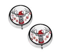 Pilulier de Noël amusant à 3 compartiments avec imprimé élan - Portable pour poche ou sac à main - Organisateur de pilules décoratif en métal - Cadeau unique