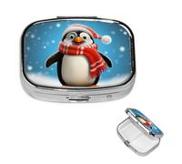 Pilulier de Noël amusant en forme de pingouin à 2 compartiments carré portable pour poche ou sac à main, pilulier hebdomadaire décoratif en métal pour médicaments, vitamines, cadeau de voyage